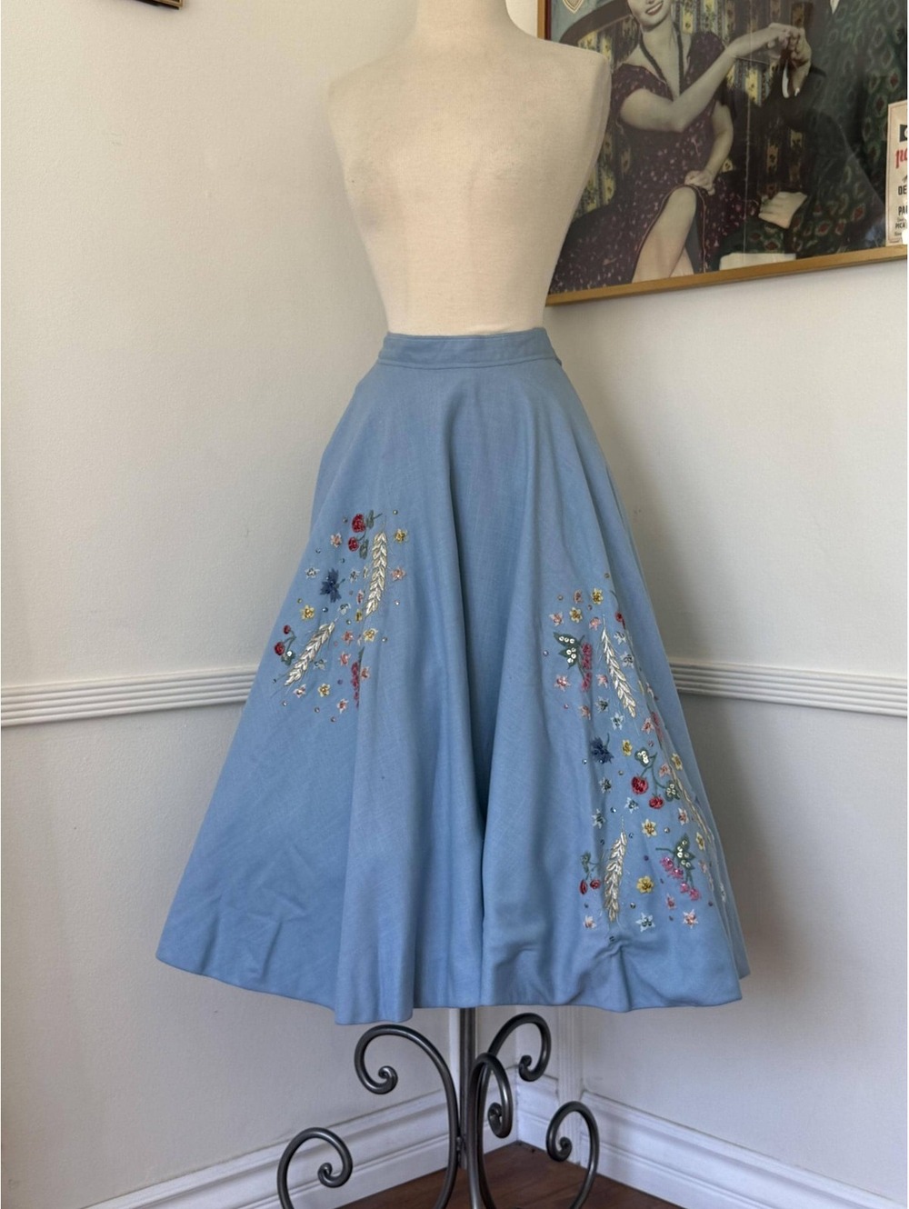 Embroidered Linen 1950s Circle Skirt